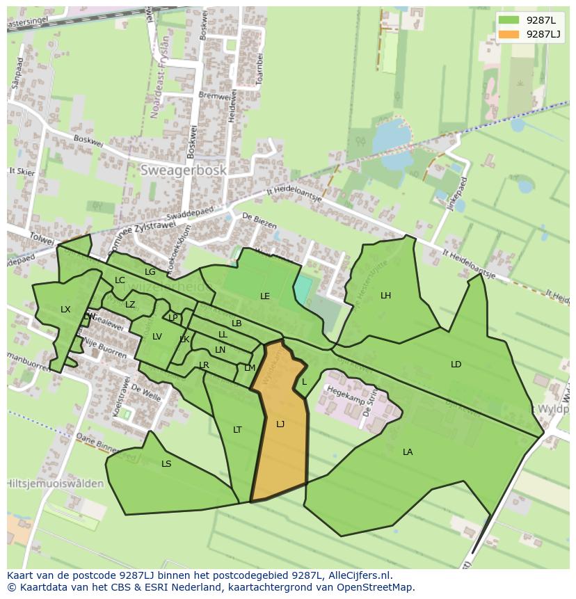 Afbeelding van het postcodegebied 9287 LJ op de kaart.