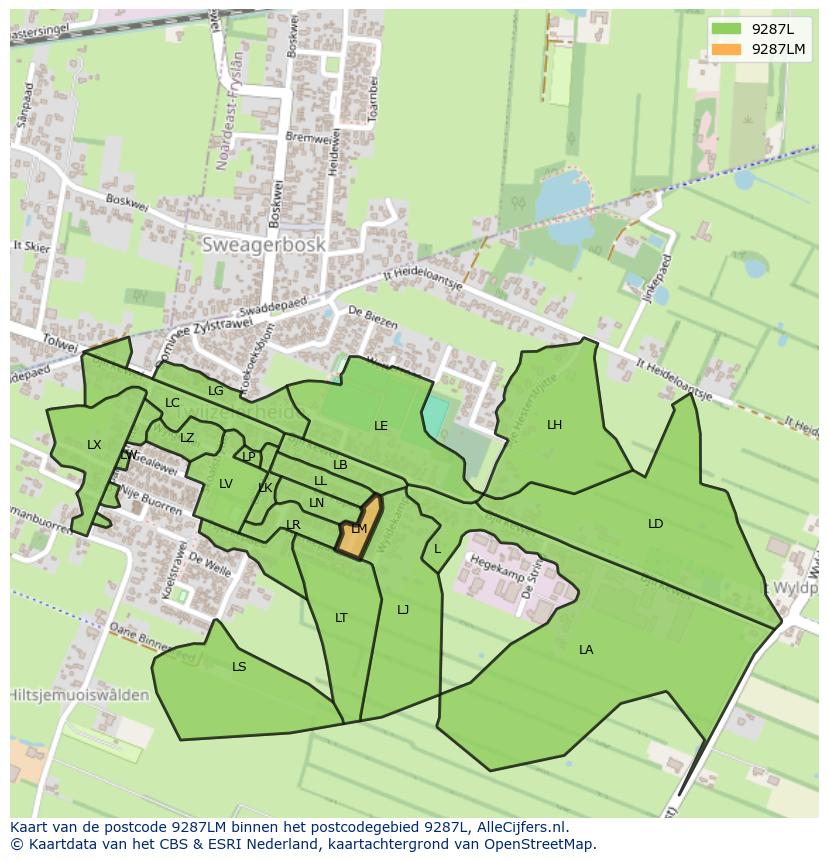 Afbeelding van het postcodegebied 9287 LM op de kaart.