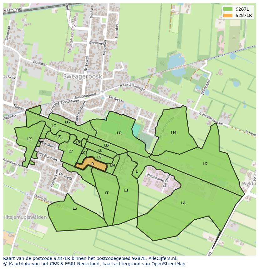 Afbeelding van het postcodegebied 9287 LR op de kaart.