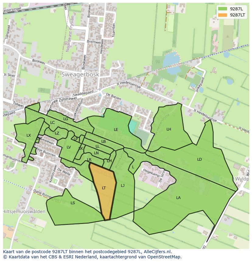 Afbeelding van het postcodegebied 9287 LT op de kaart.