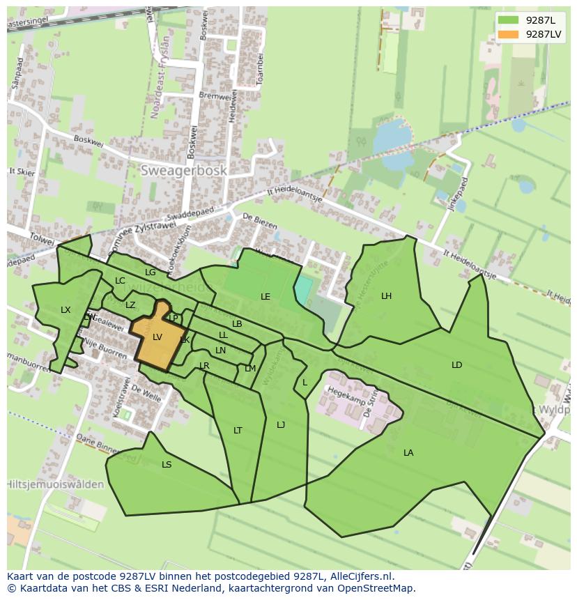 Afbeelding van het postcodegebied 9287 LV op de kaart.