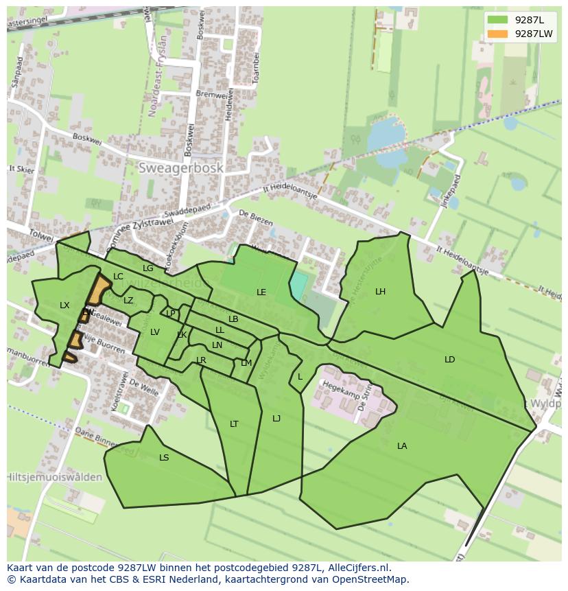 Afbeelding van het postcodegebied 9287 LW op de kaart.