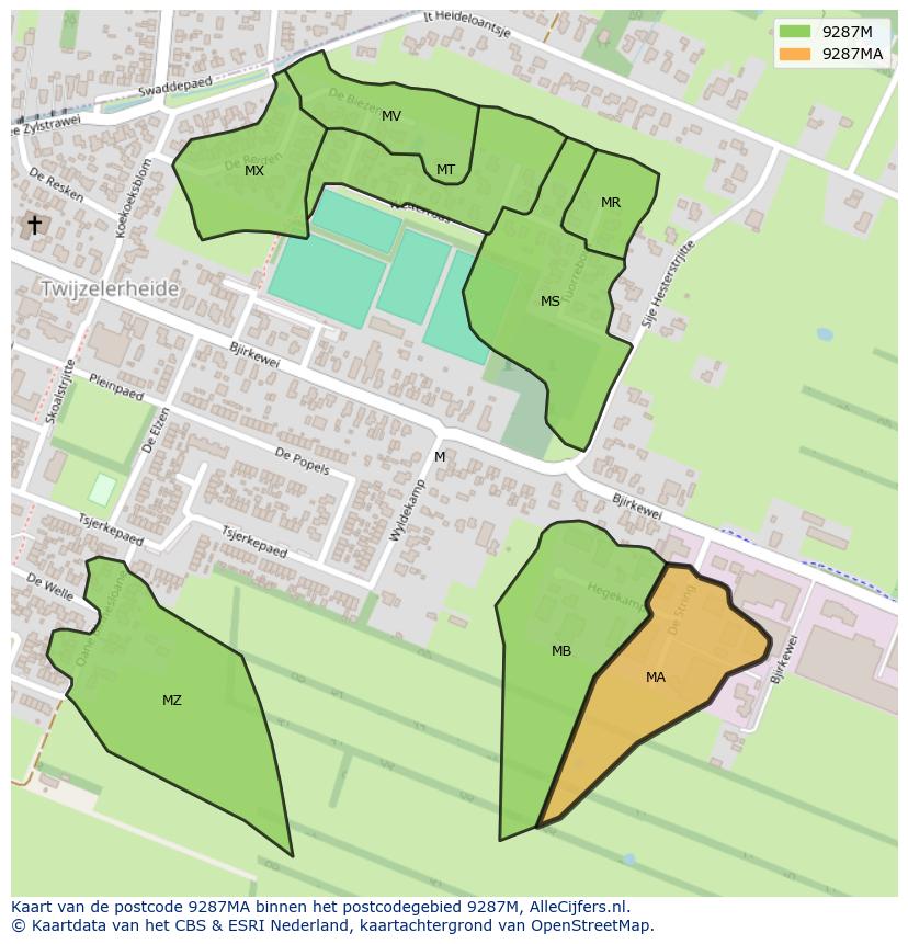 Afbeelding van het postcodegebied 9287 MA op de kaart.