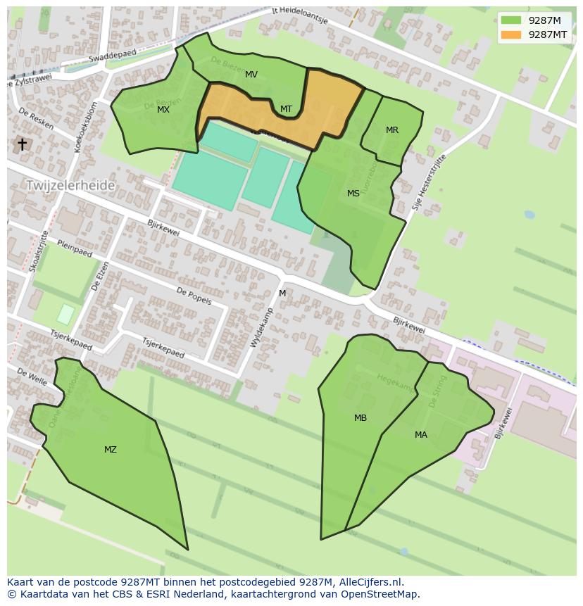 Afbeelding van het postcodegebied 9287 MT op de kaart.