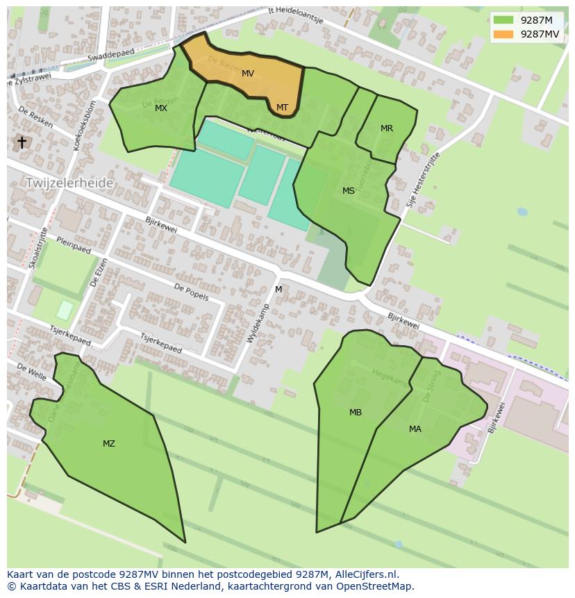 Afbeelding van het postcodegebied 9287 MV op de kaart.
