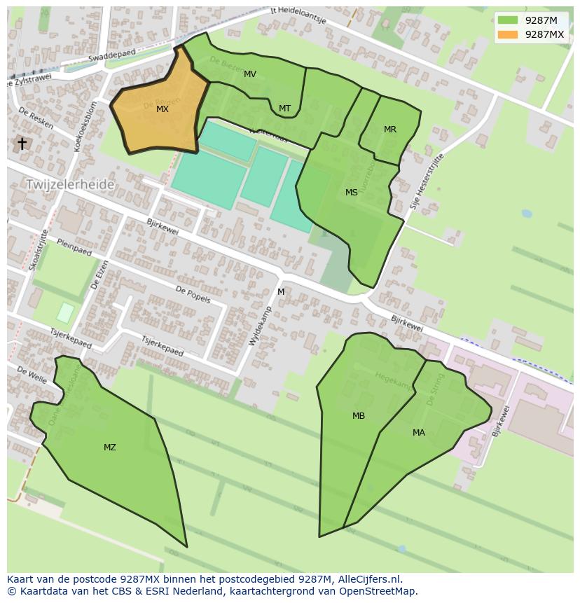 Afbeelding van het postcodegebied 9287 MX op de kaart.