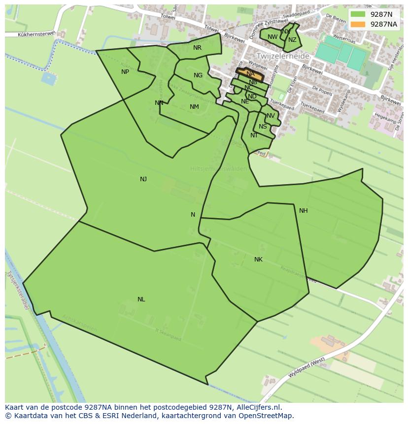 Afbeelding van het postcodegebied 9287 NA op de kaart.