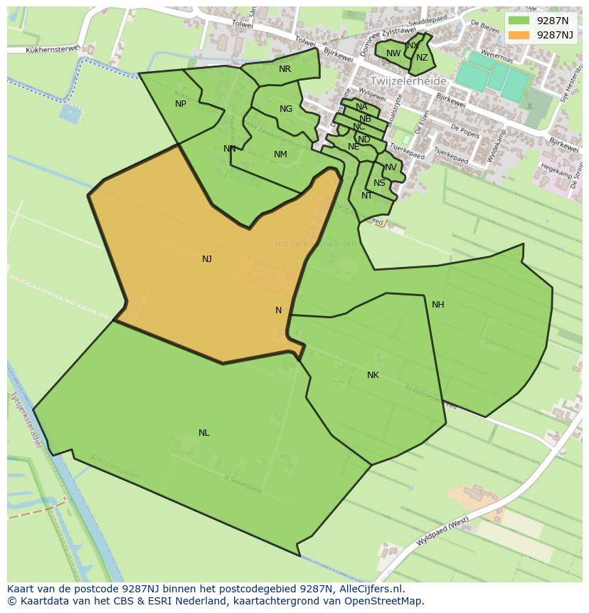 Afbeelding van het postcodegebied 9287 NJ op de kaart.