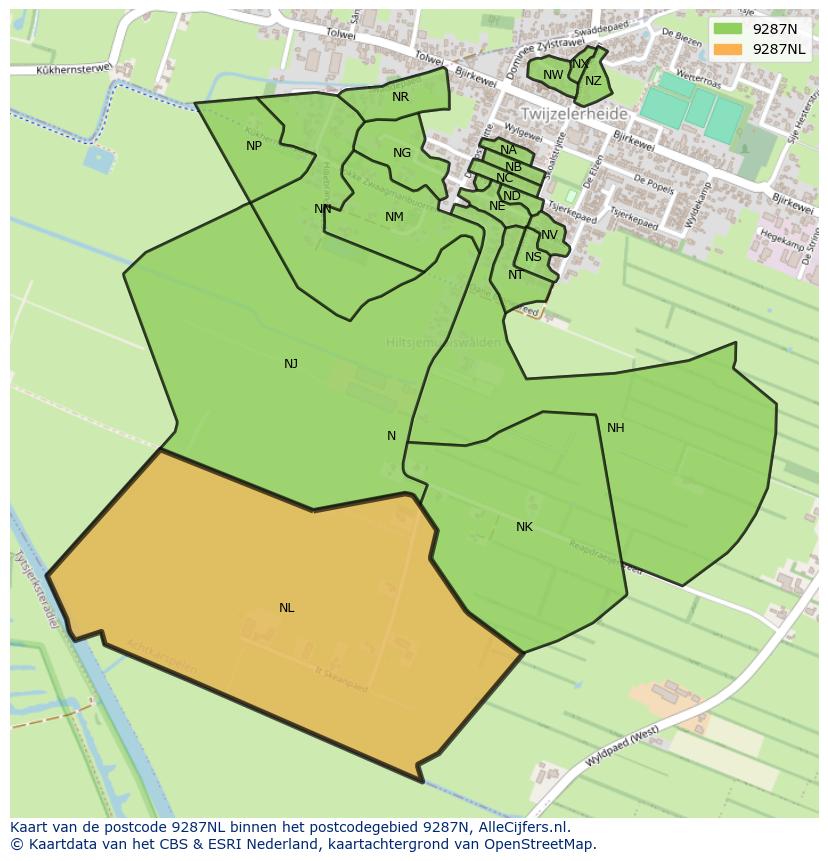 Afbeelding van het postcodegebied 9287 NL op de kaart.