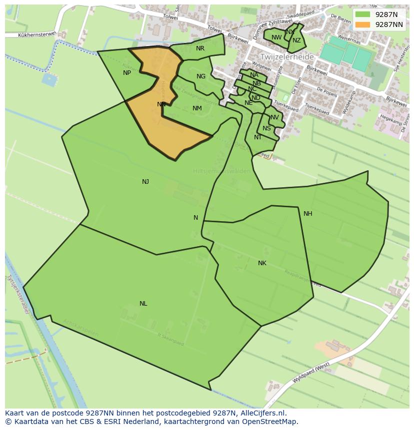 Afbeelding van het postcodegebied 9287 NN op de kaart.