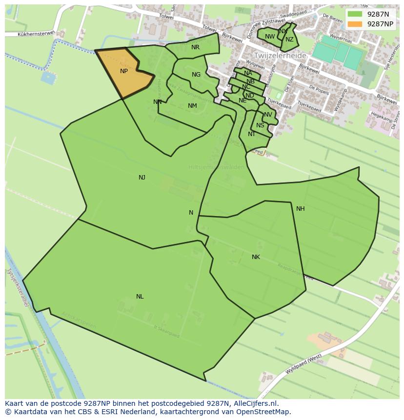 Afbeelding van het postcodegebied 9287 NP op de kaart.
