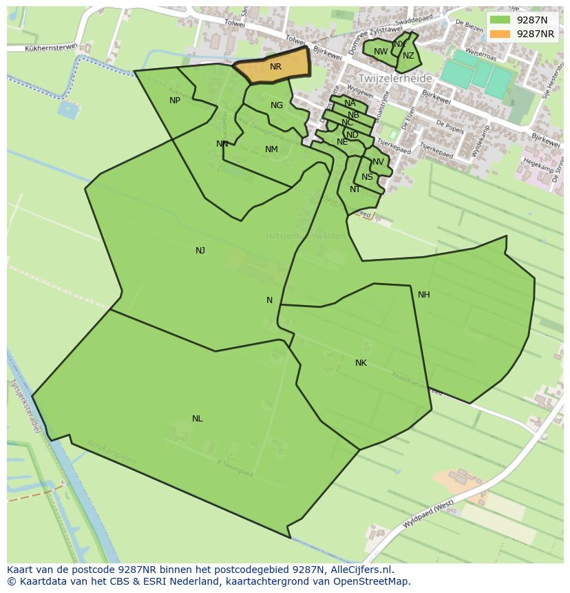 Afbeelding van het postcodegebied 9287 NR op de kaart.