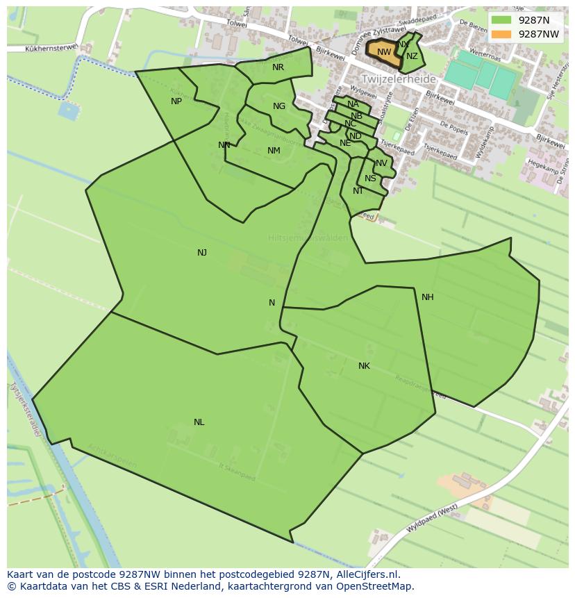 Afbeelding van het postcodegebied 9287 NW op de kaart.