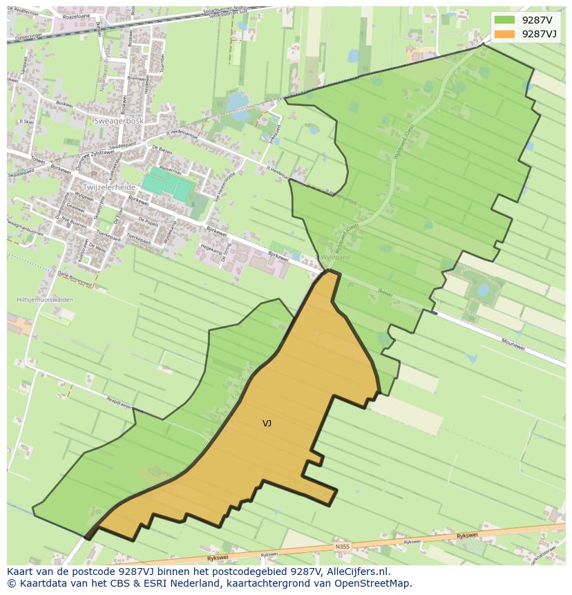 Afbeelding van het postcodegebied 9287 VJ op de kaart.