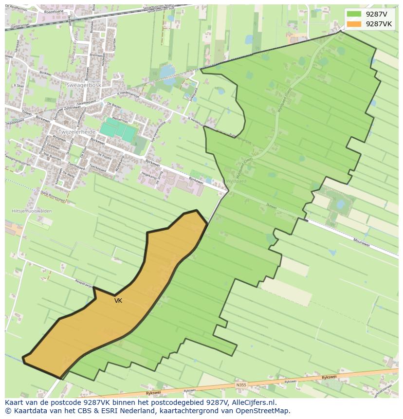 Afbeelding van het postcodegebied 9287 VK op de kaart.