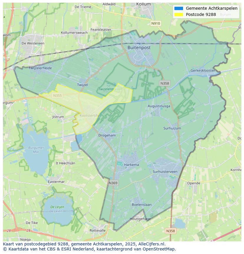 Afbeelding van het postcodegebied 9288 op de kaart.