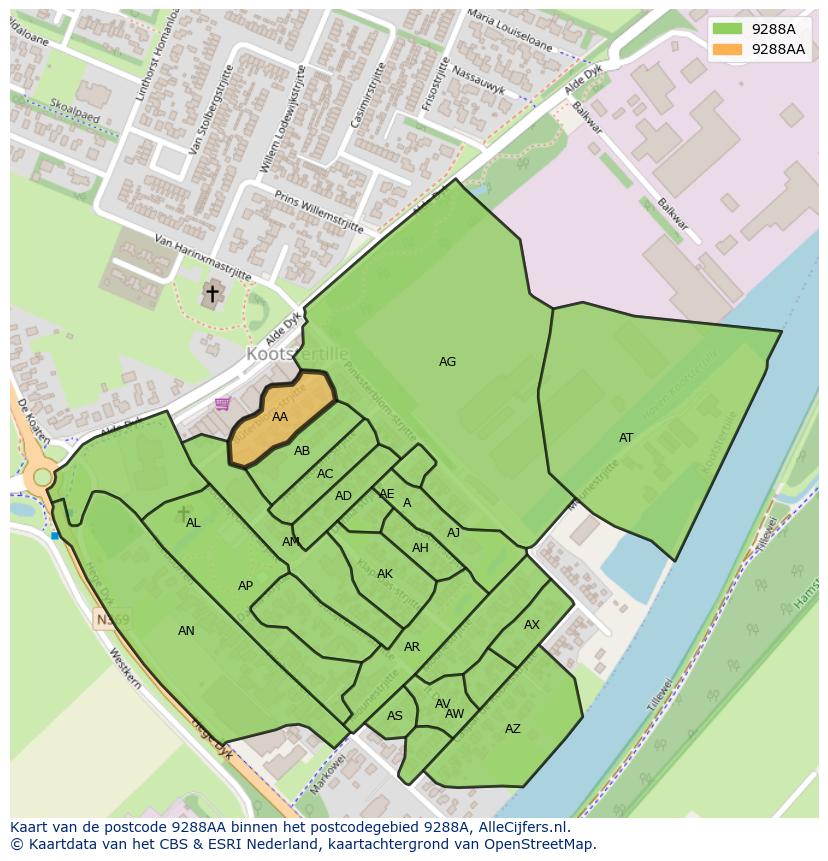Afbeelding van het postcodegebied 9288 AA op de kaart.