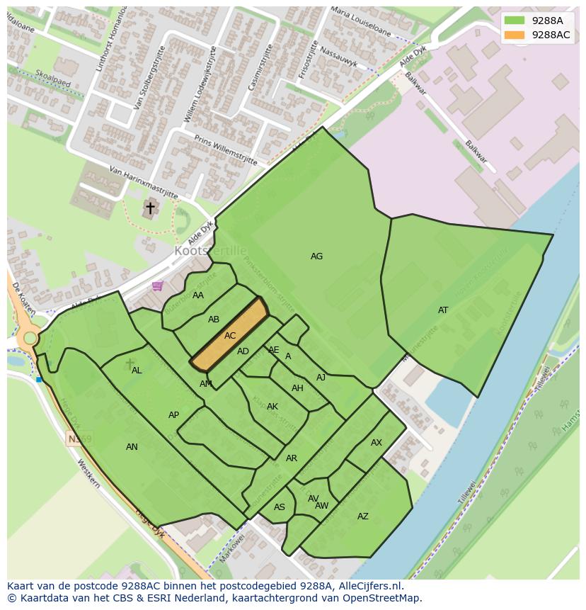 Afbeelding van het postcodegebied 9288 AC op de kaart.