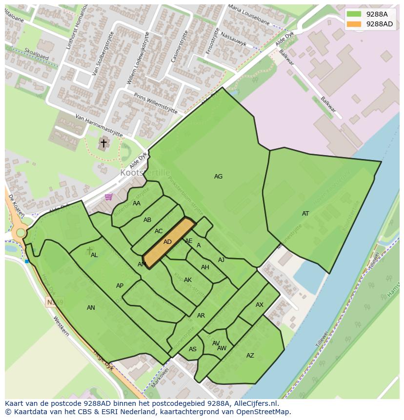 Afbeelding van het postcodegebied 9288 AD op de kaart.