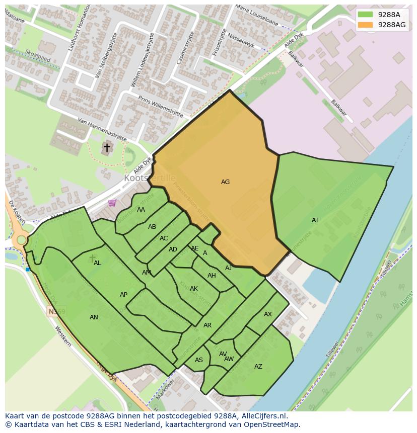 Afbeelding van het postcodegebied 9288 AG op de kaart.