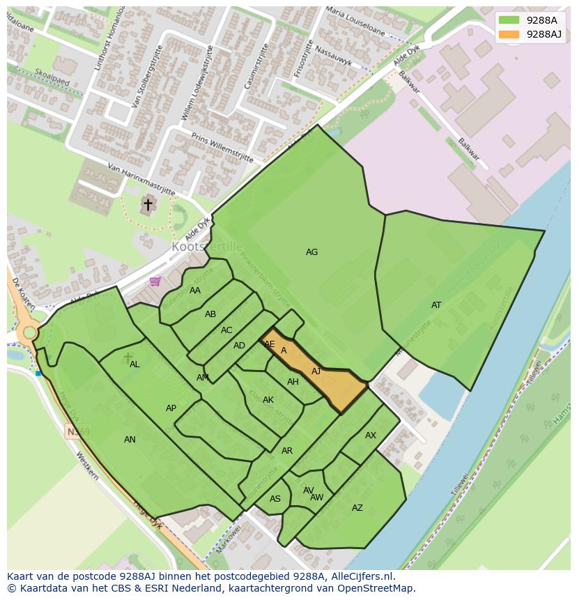 Afbeelding van het postcodegebied 9288 AJ op de kaart.