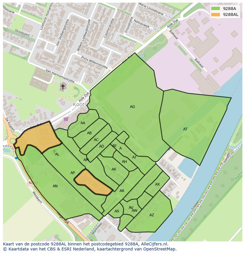 Afbeelding van het postcodegebied 9288 AL op de kaart.
