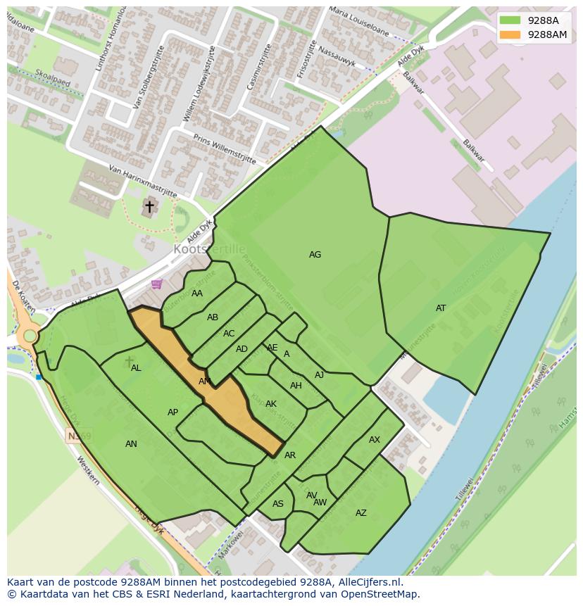 Afbeelding van het postcodegebied 9288 AM op de kaart.