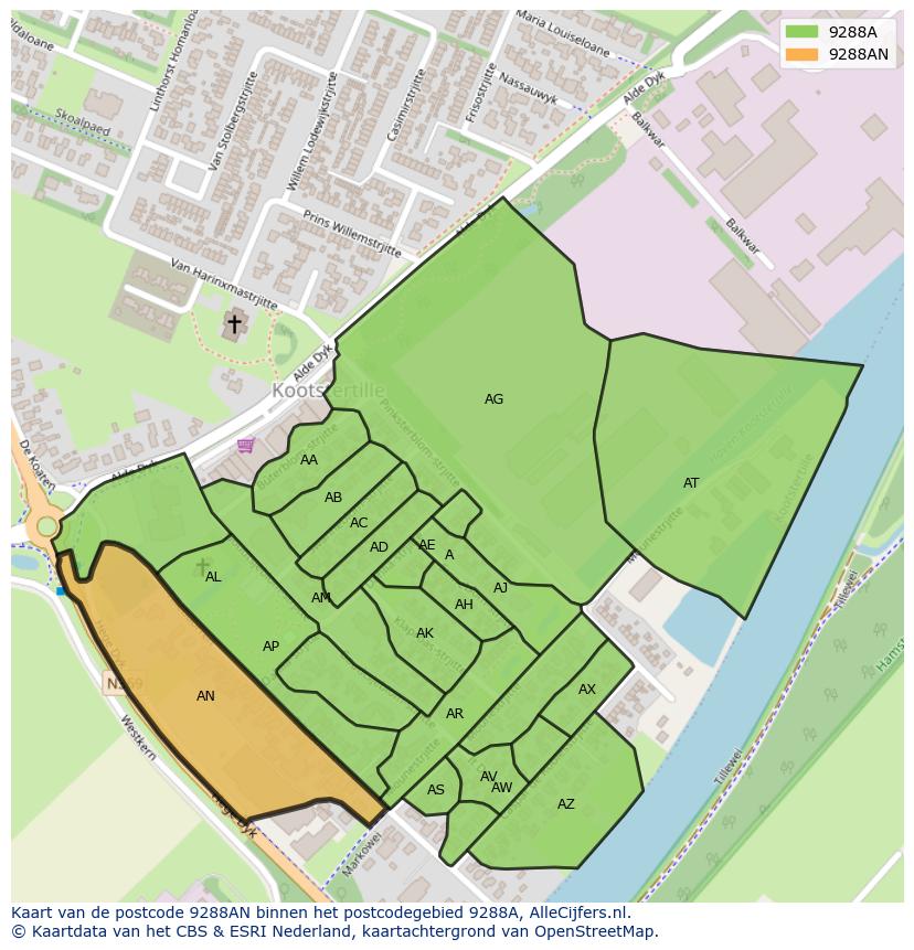 Afbeelding van het postcodegebied 9288 AN op de kaart.