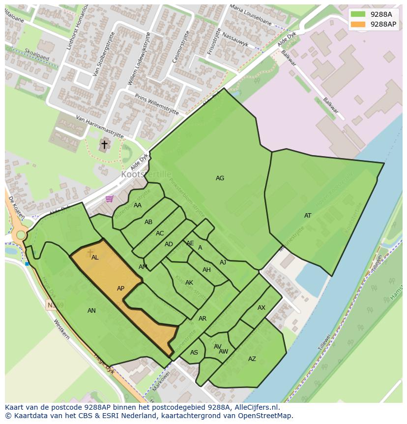 Afbeelding van het postcodegebied 9288 AP op de kaart.