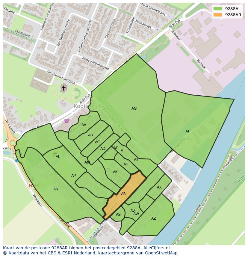 Afbeelding van het postcodegebied 9288 AR op de kaart.