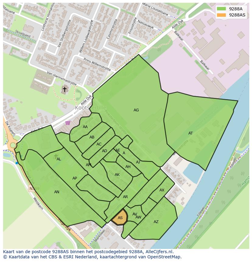 Afbeelding van het postcodegebied 9288 AS op de kaart.