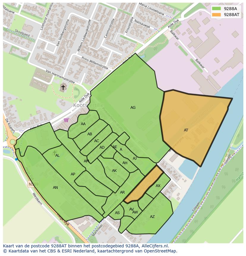 Afbeelding van het postcodegebied 9288 AT op de kaart.