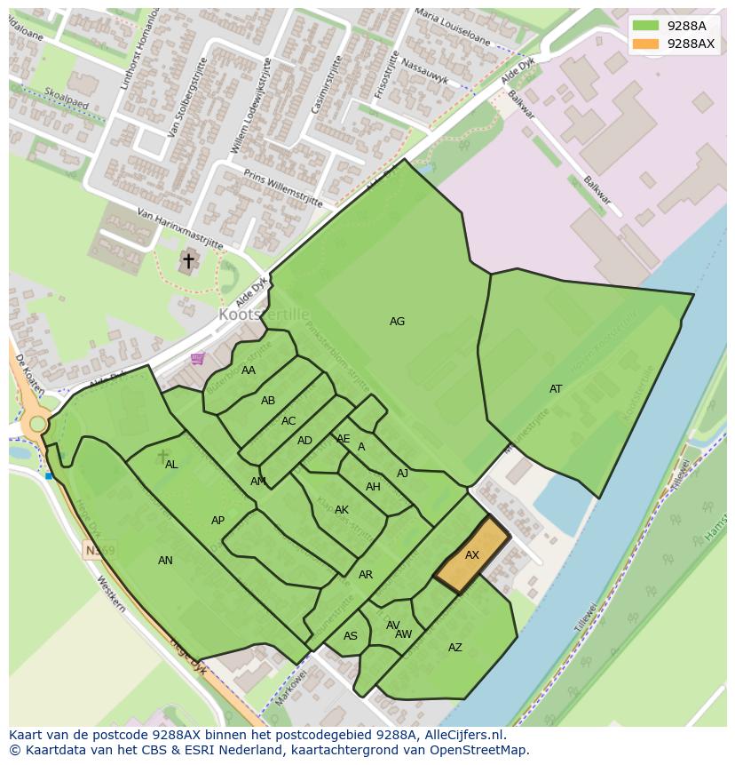 Afbeelding van het postcodegebied 9288 AX op de kaart.