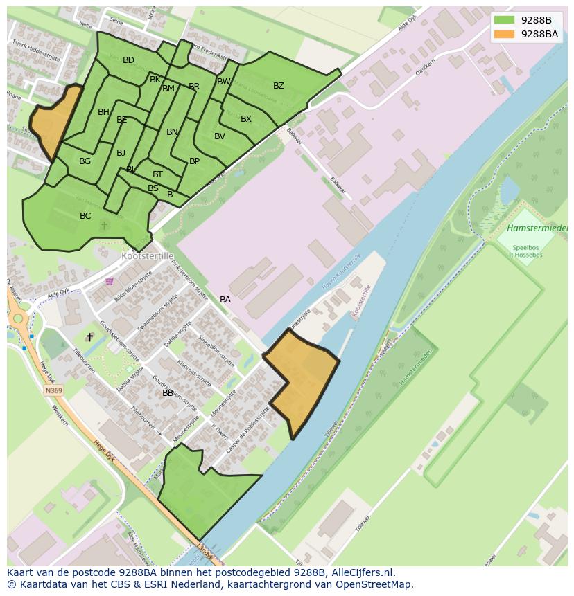 Afbeelding van het postcodegebied 9288 BA op de kaart.