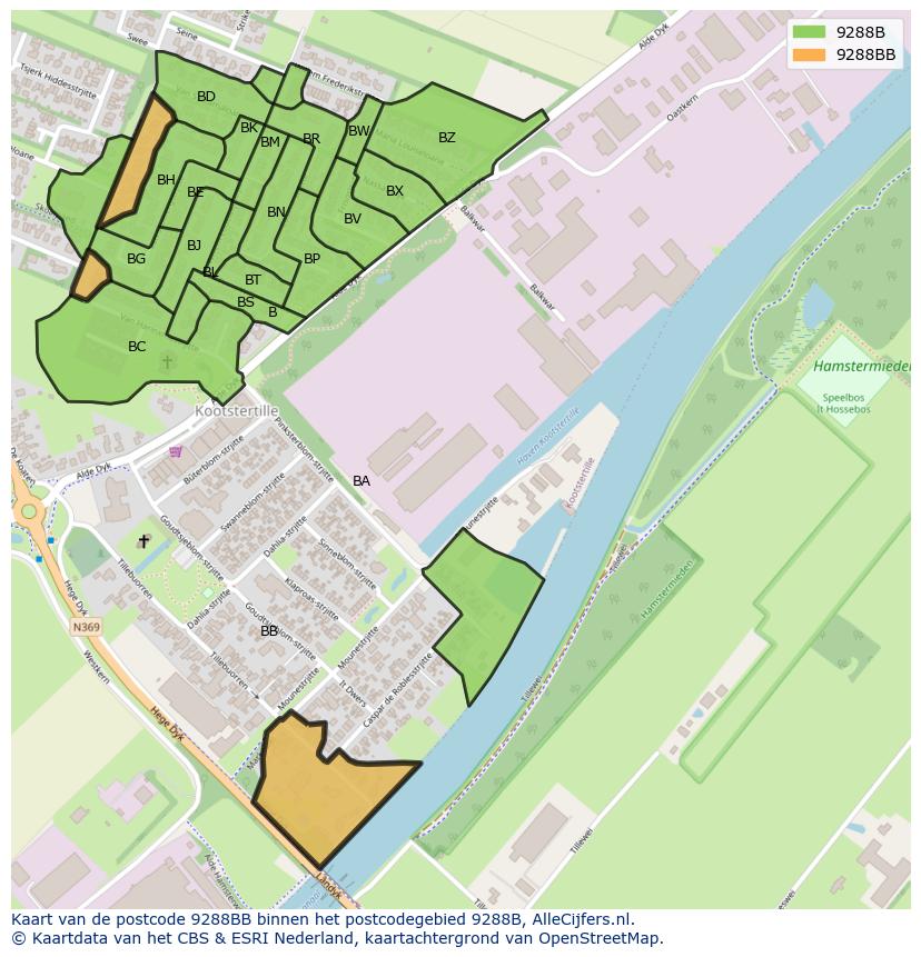 Afbeelding van het postcodegebied 9288 BB op de kaart.