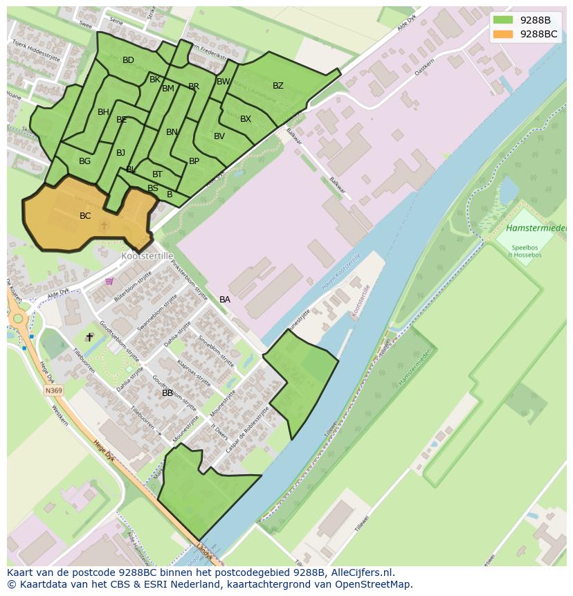 Afbeelding van het postcodegebied 9288 BC op de kaart.