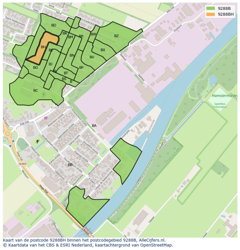Afbeelding van het postcodegebied 9288 BH op de kaart.