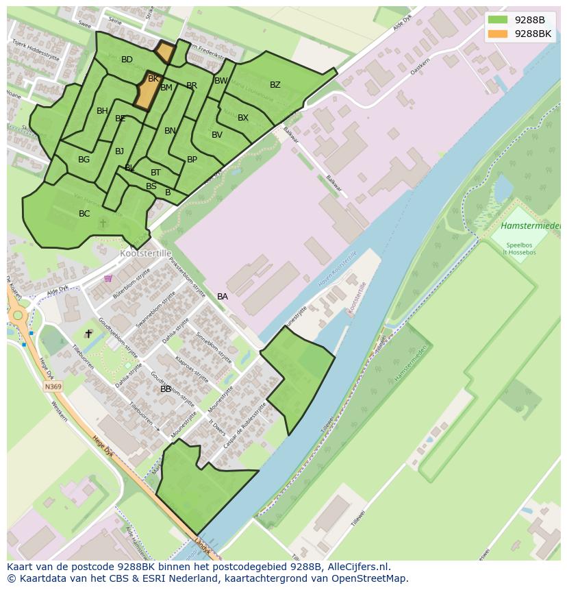 Afbeelding van het postcodegebied 9288 BK op de kaart.
