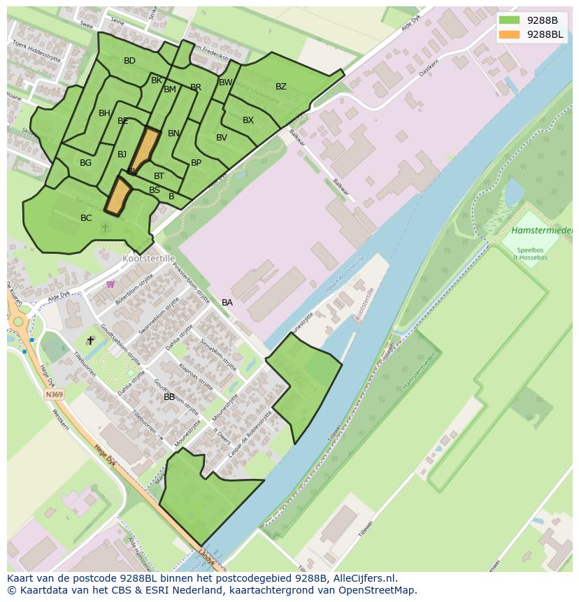 Afbeelding van het postcodegebied 9288 BL op de kaart.