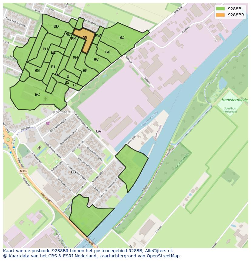 Afbeelding van het postcodegebied 9288 BR op de kaart.