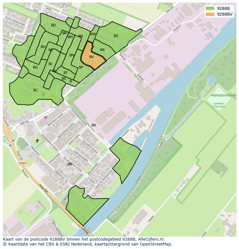 Afbeelding van het postcodegebied 9288 BV op de kaart.