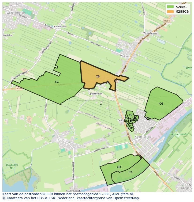 Afbeelding van het postcodegebied 9288 CB op de kaart.