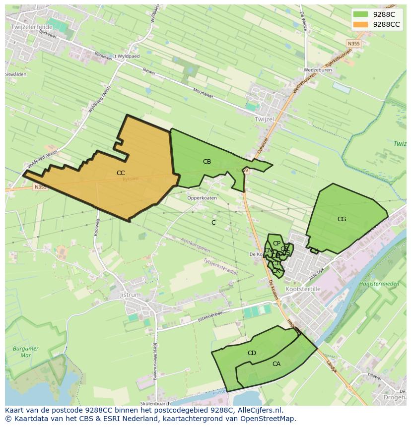 Afbeelding van het postcodegebied 9288 CC op de kaart.