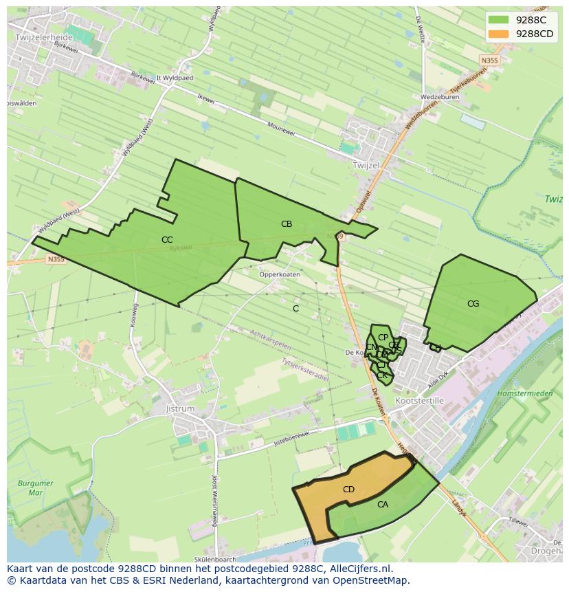 Afbeelding van het postcodegebied 9288 CD op de kaart.