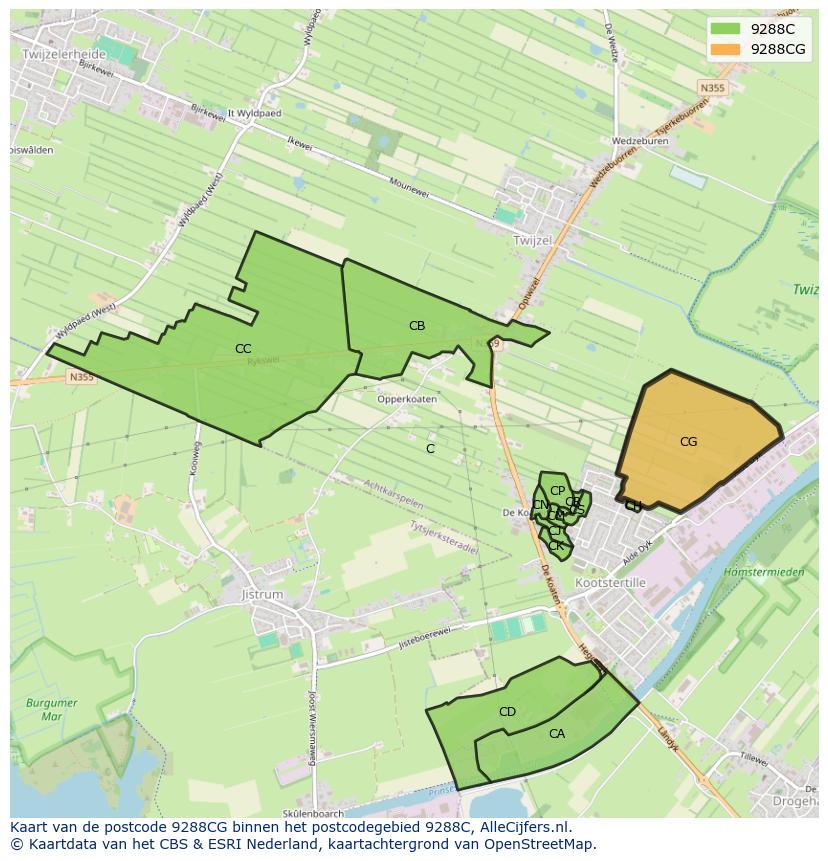 Afbeelding van het postcodegebied 9288 CG op de kaart.