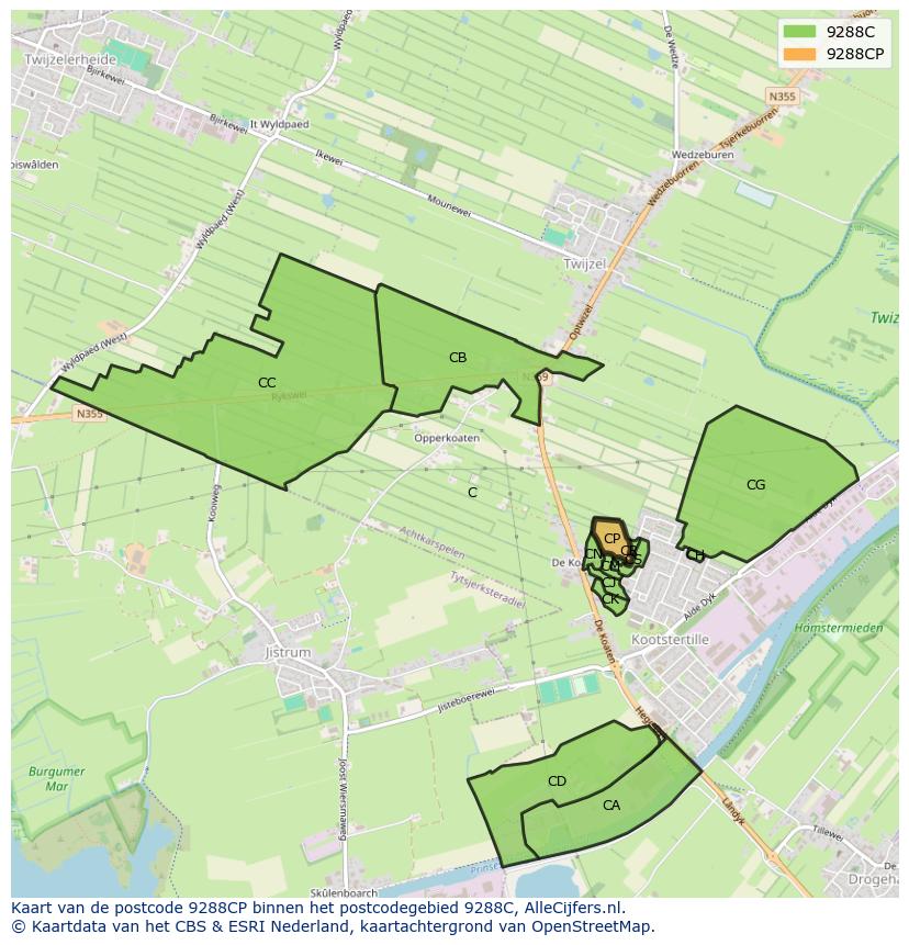 Afbeelding van het postcodegebied 9288 CP op de kaart.