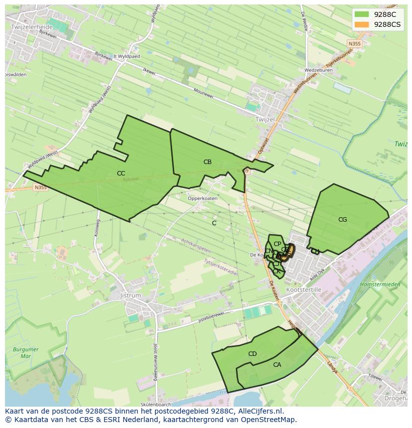 Afbeelding van het postcodegebied 9288 CS op de kaart.
