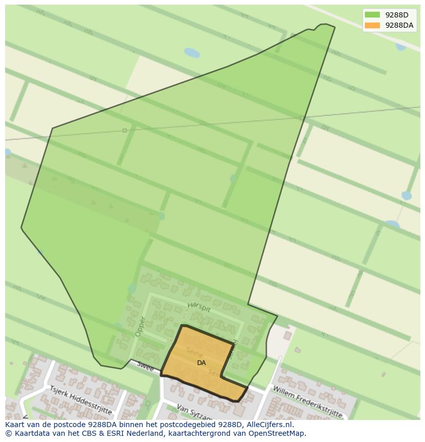 Afbeelding van het postcodegebied 9288 DA op de kaart.