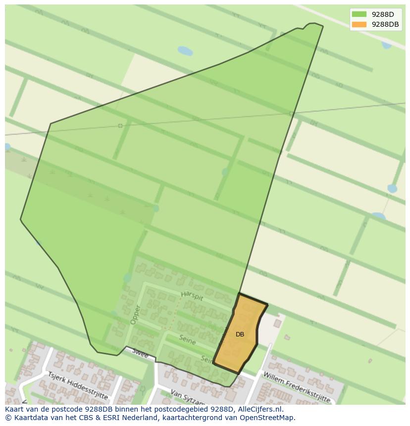 Afbeelding van het postcodegebied 9288 DB op de kaart.