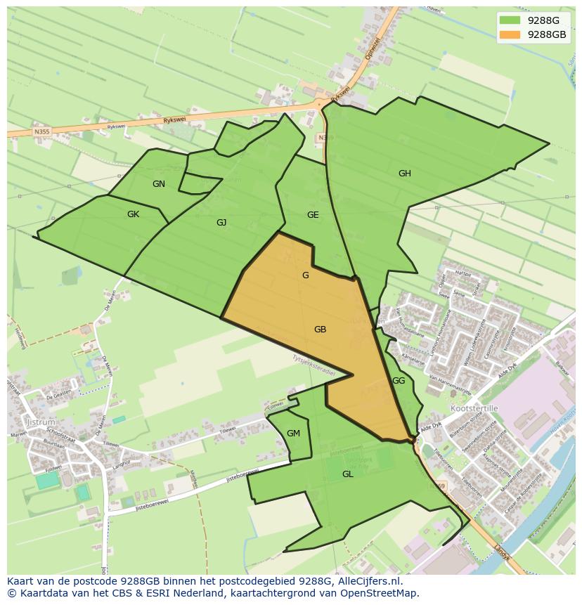 Afbeelding van het postcodegebied 9288 GB op de kaart.